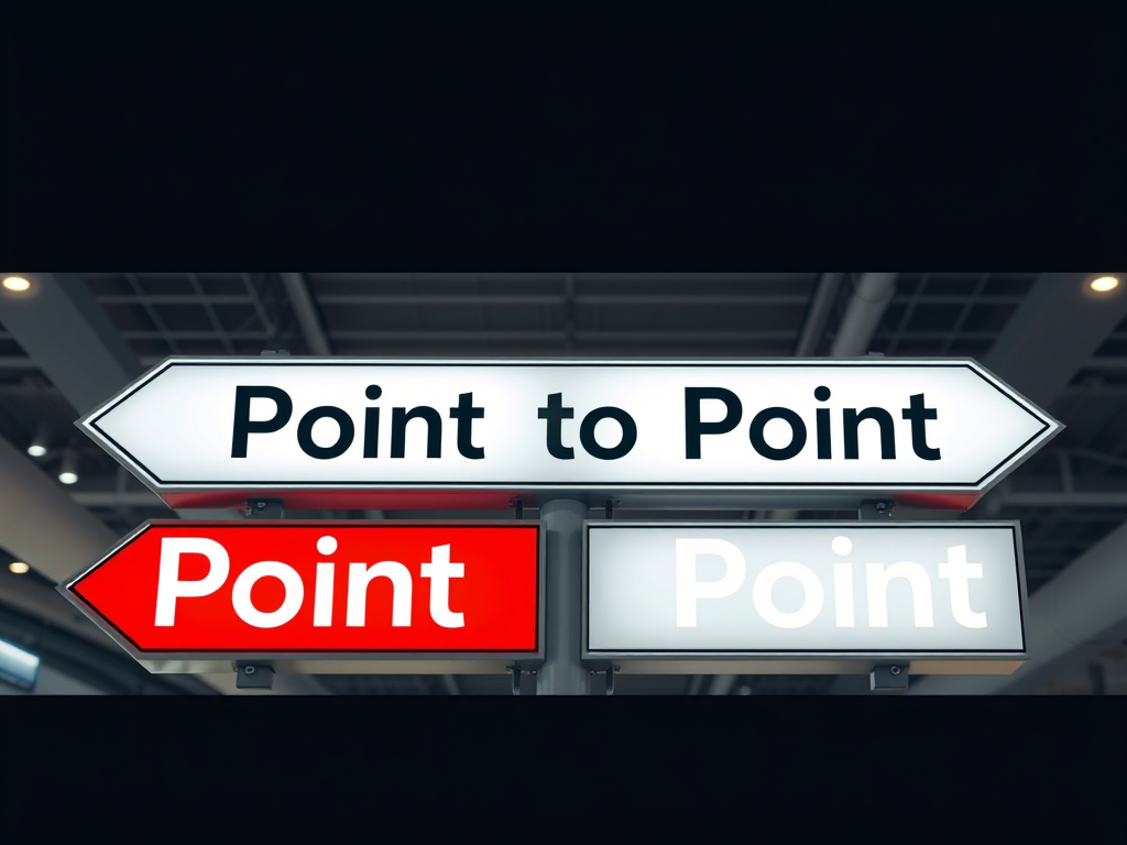 Signage displaying 'Point to Point' and 'Point' in contrasting colors, indicating direction.