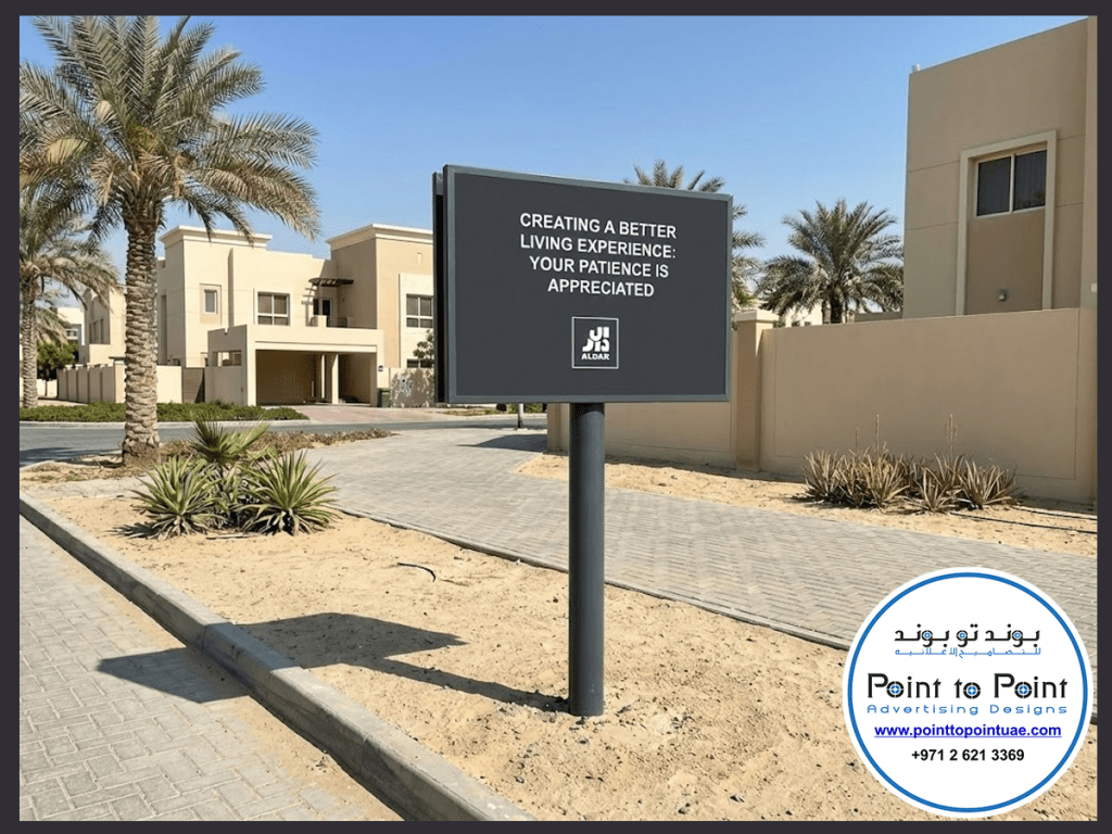 Freestanding monument sign at ALDAR property entrance with stone and metal finish