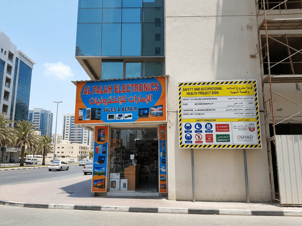 Electronics repair shop entrance with a large safety project sign on adjacent wall