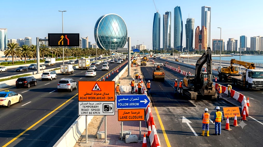 Approved traffic signage installed at a construction project in Abu Dhabi to improve road safety, traffic flow, and regulatory compliance.
