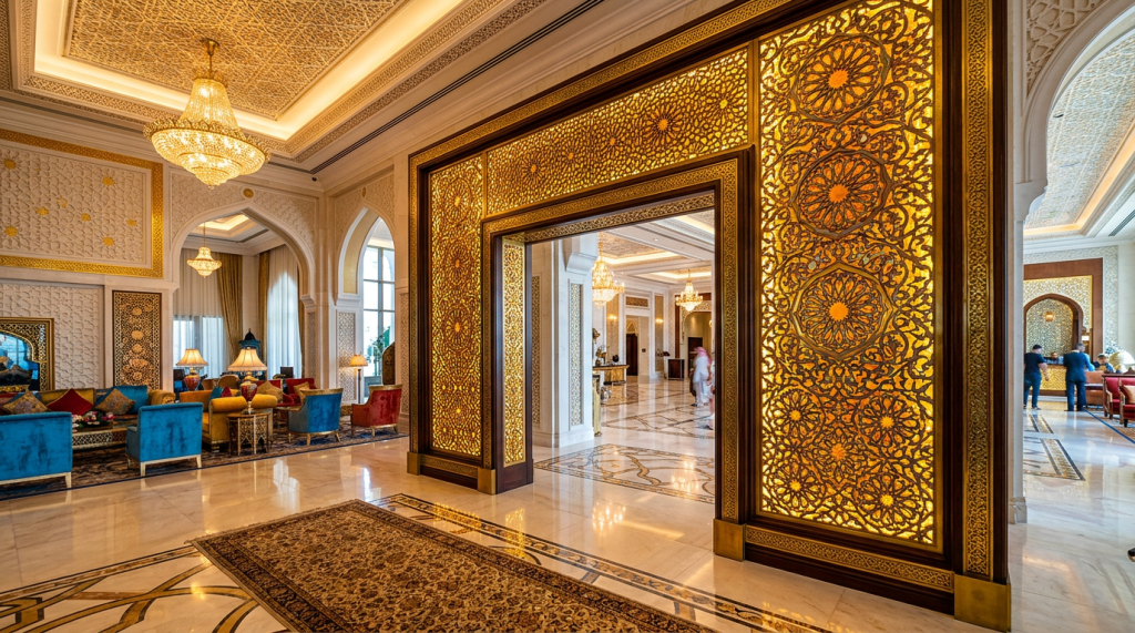 Luxurious hotel lobby with golden patterned walls, chandeliers, and colorful seating