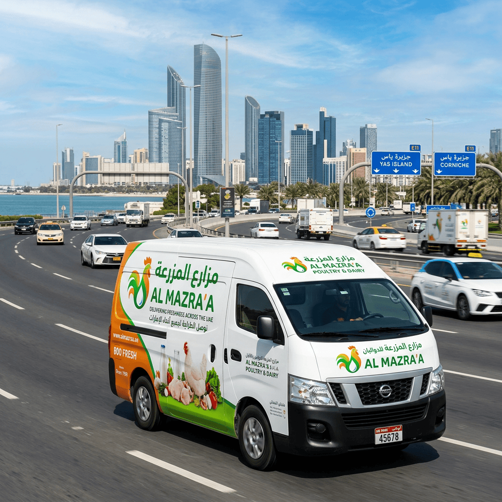 Al Mazra'a poultry and dairy van driving toward Yas Island and Corniche