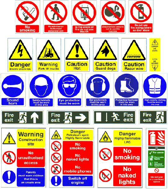 Construction site safety signs – prohibition, warning, mandatory PPE and fire exit signs supplied by Point to Point Advertising Designs, Abu Dhabi and Dubai